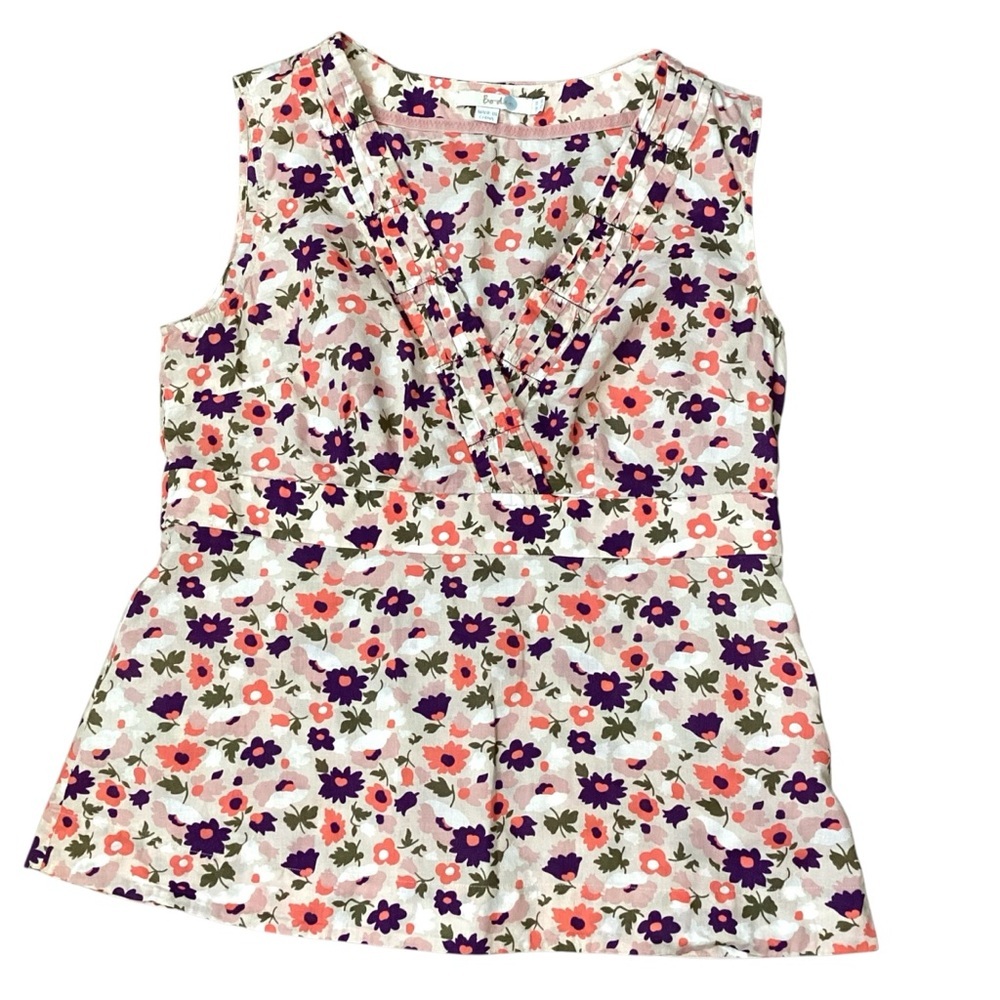 Boden Floral Sleeveless V-Neck Blouse in White, Pink & Purple